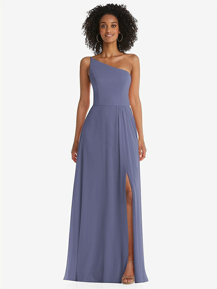 【STYLE: 1555】One-Shoulder Chiffon Maxi Dress with Shirred Front Slit【COLOR: French Blue】