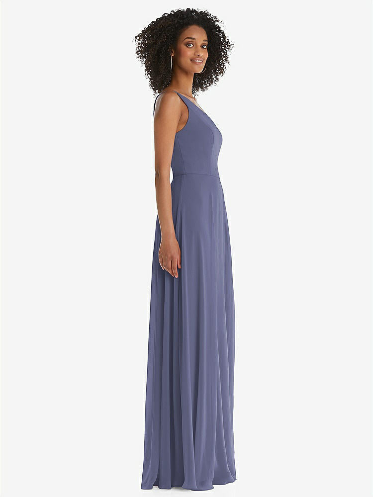 【STYLE: 1555】One-Shoulder Chiffon Maxi Dress with Shirred Front Slit【COLOR: French Blue】