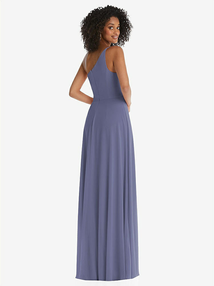 【STYLE: 1555】One-Shoulder Chiffon Maxi Dress with Shirred Front Slit【COLOR: French Blue】