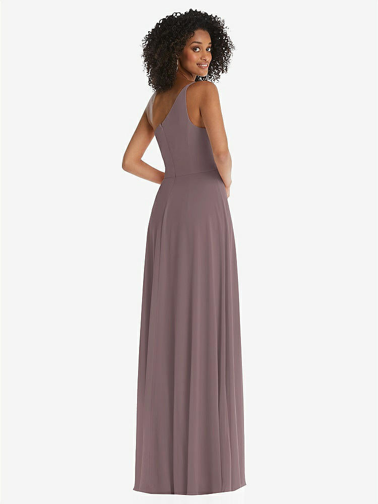 【STYLE: 1555】One-Shoulder Chiffon Maxi Dress with Shirred Front Slit【COLOR: French Truffle】
