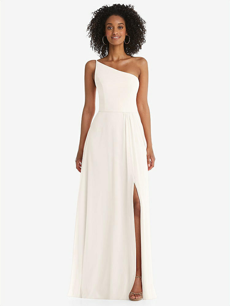 【STYLE: 1555】One-Shoulder Chiffon Maxi Dress with Shirred Front Slit【COLOR: Ivory】