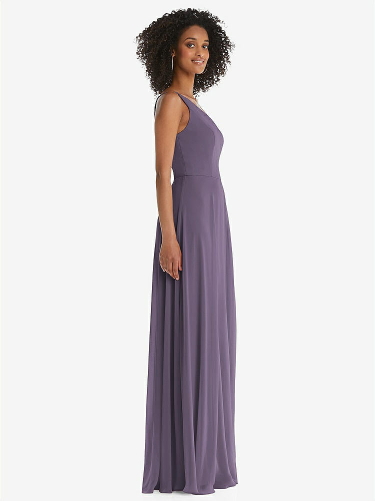 【STYLE: 1555】One-Shoulder Chiffon Maxi Dress with Shirred Front Slit【COLOR: Lavender】