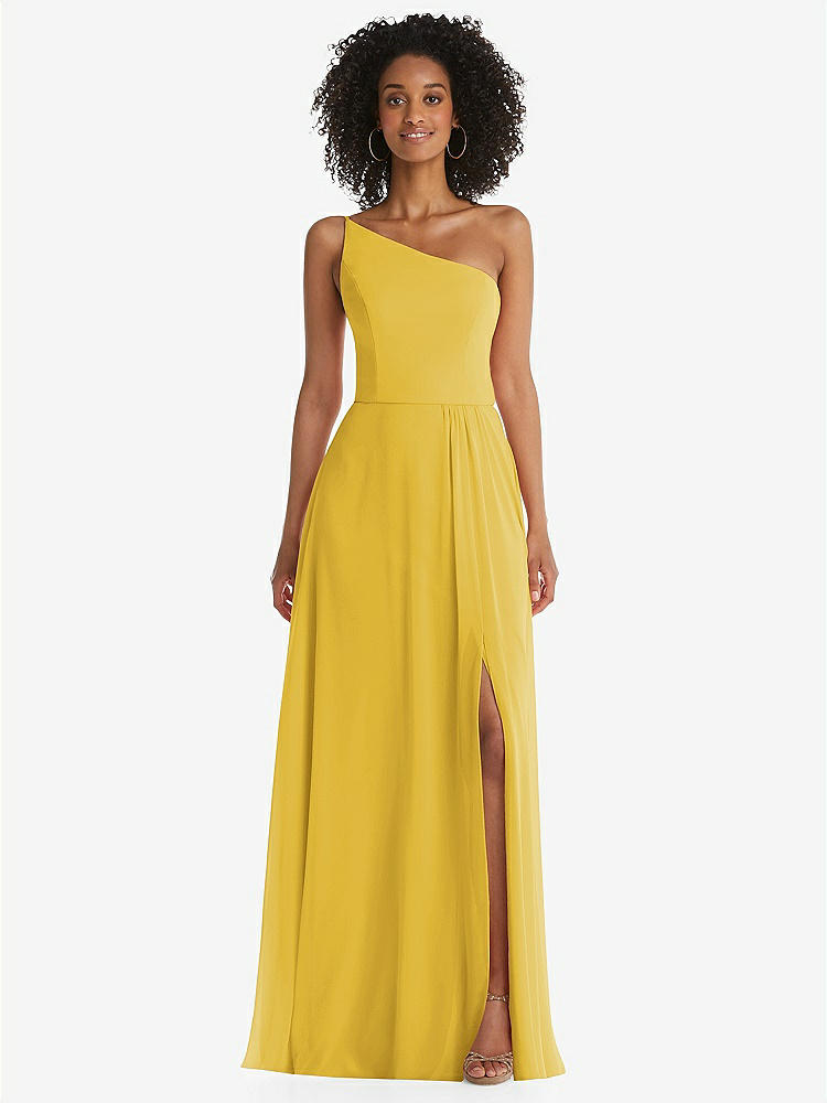 【STYLE: 1555】One-Shoulder Chiffon Maxi Dress with Shirred Front Slit【COLOR: Marigold】