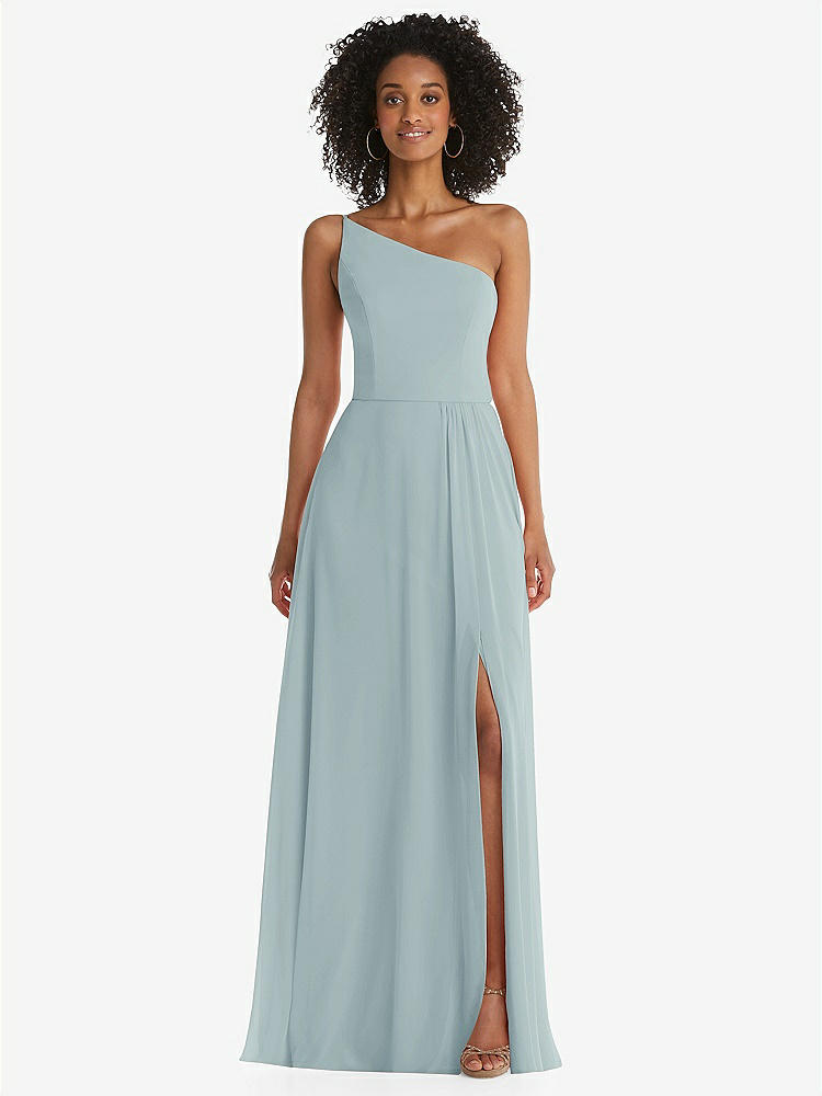 【STYLE: 1555】One-Shoulder Chiffon Maxi Dress with Shirred Front Slit【COLOR: Morning Sky】