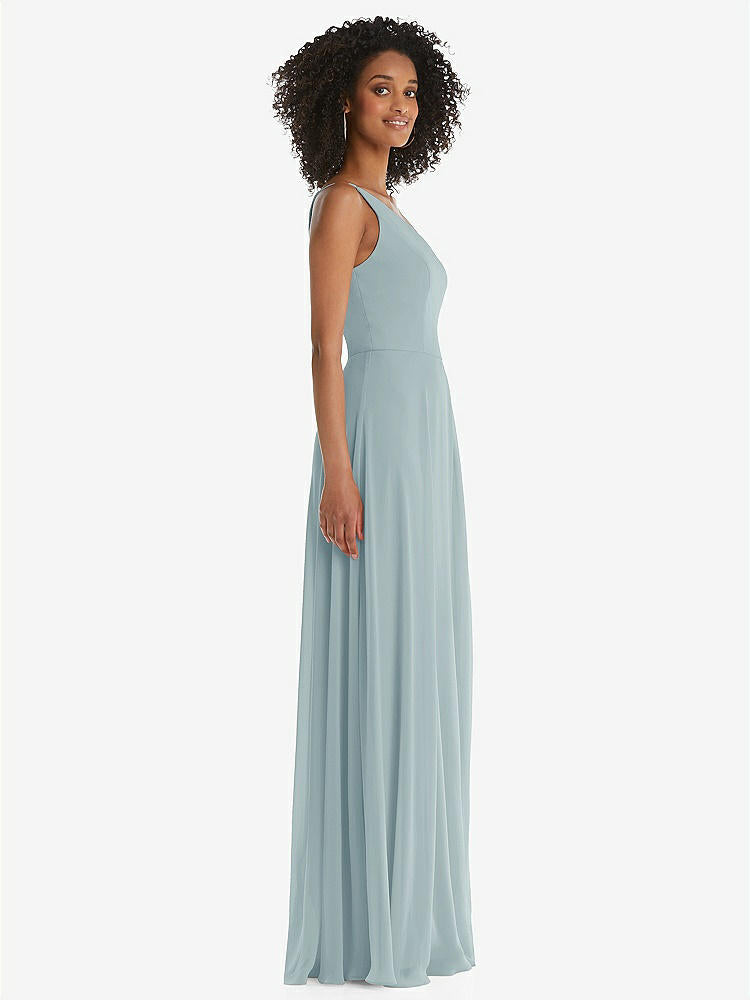 【STYLE: 1555】One-Shoulder Chiffon Maxi Dress with Shirred Front Slit【COLOR: Morning Sky】