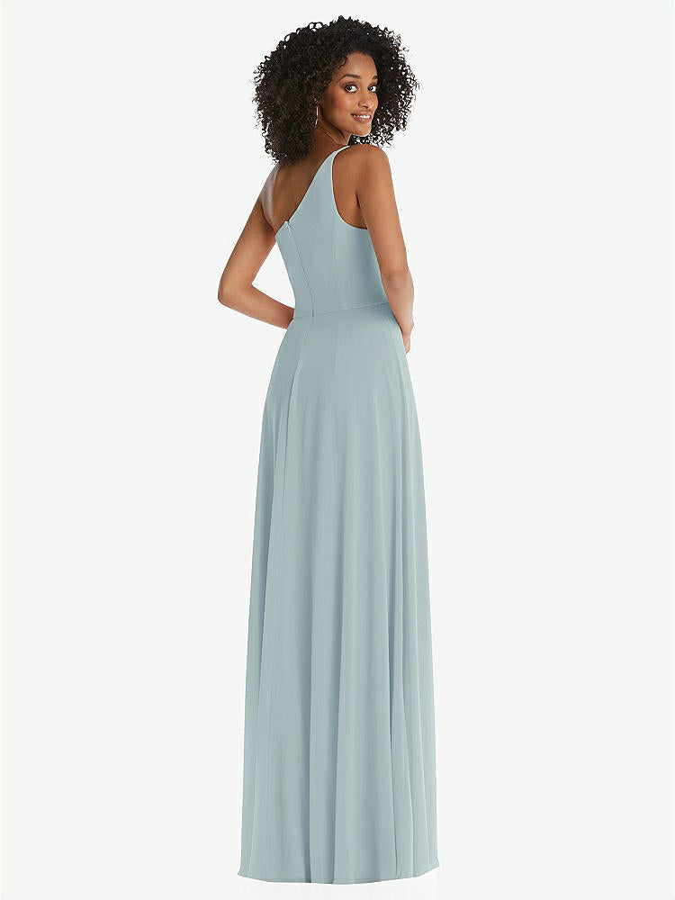 【STYLE: 1555】One-Shoulder Chiffon Maxi Dress with Shirred Front Slit【COLOR: Morning Sky】