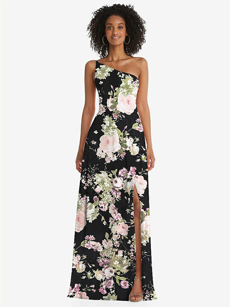 【STYLE: 1555】One-Shoulder Chiffon Maxi Dress with Shirred Front Slit【COLOR: Noir Garden】