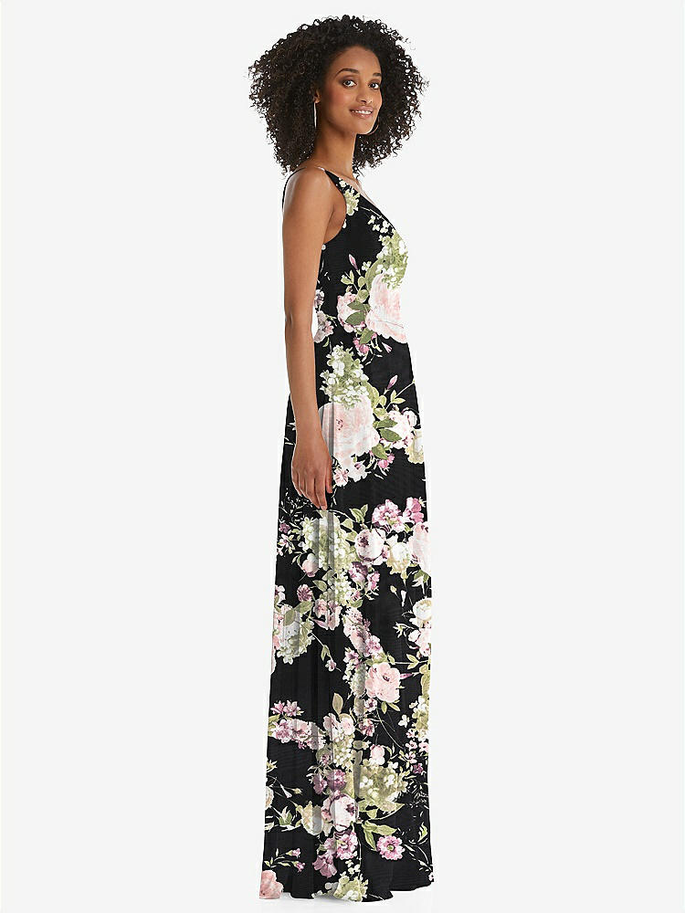 【STYLE: 1555】One-Shoulder Chiffon Maxi Dress with Shirred Front Slit【COLOR: Noir Garden】