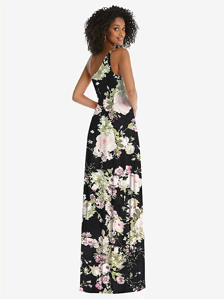 【STYLE: 1555】One-Shoulder Chiffon Maxi Dress with Shirred Front Slit【COLOR: Noir Garden】