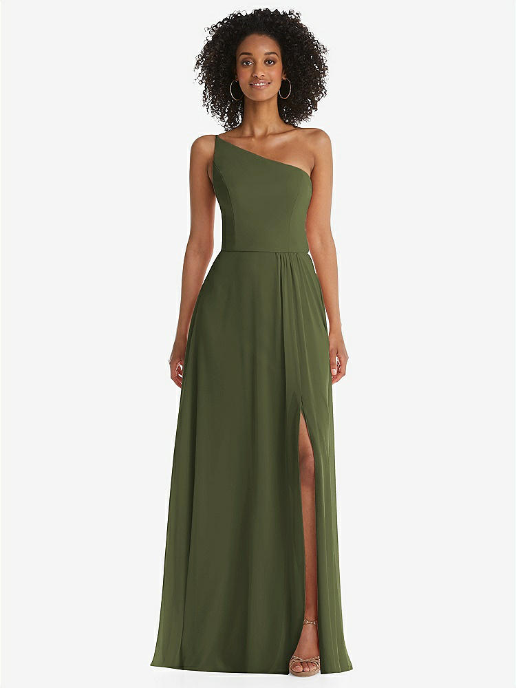 【STYLE: 1555】One-Shoulder Chiffon Maxi Dress with Shirred Front Slit【COLOR: Olive Green】