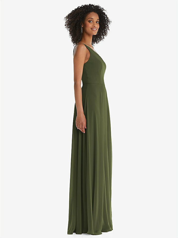 【STYLE: 1555】One-Shoulder Chiffon Maxi Dress with Shirred Front Slit【COLOR: Olive Green】