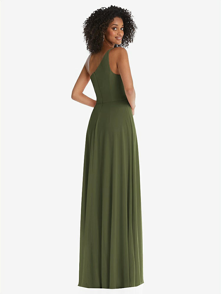 【STYLE: 1555】One-Shoulder Chiffon Maxi Dress with Shirred Front Slit【COLOR: Olive Green】