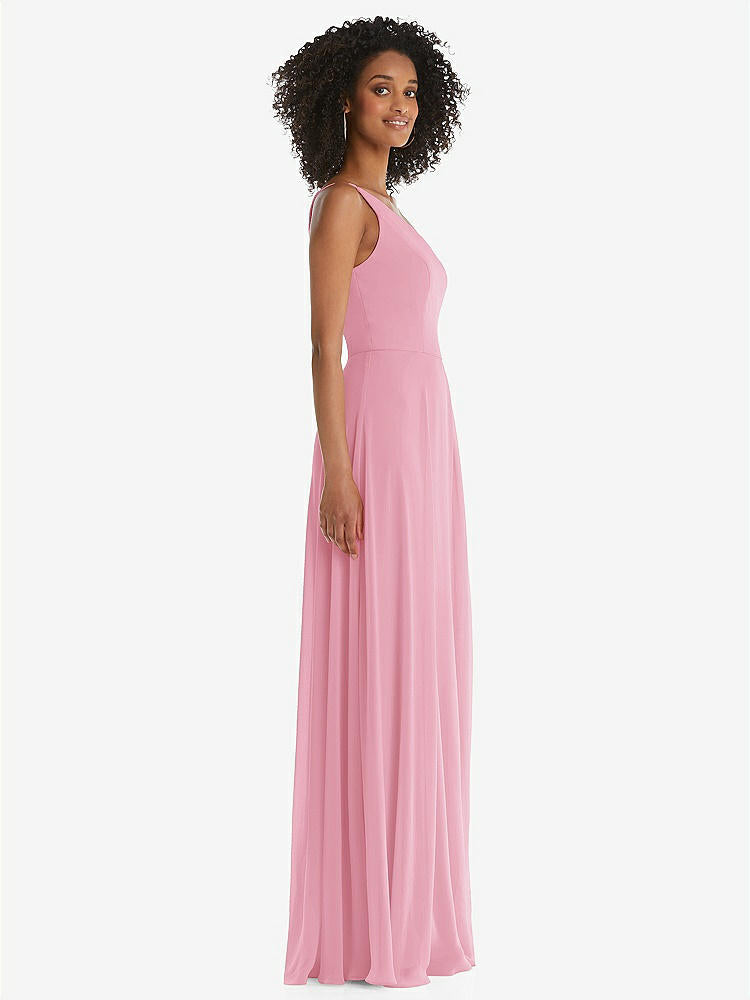 【NEW】【STYLE: 1555】ワンショルダー シフォン マキシ ドレス シアレッド フロント スリット【COLOR: Peony Pink】【SIZE: 00-30W】