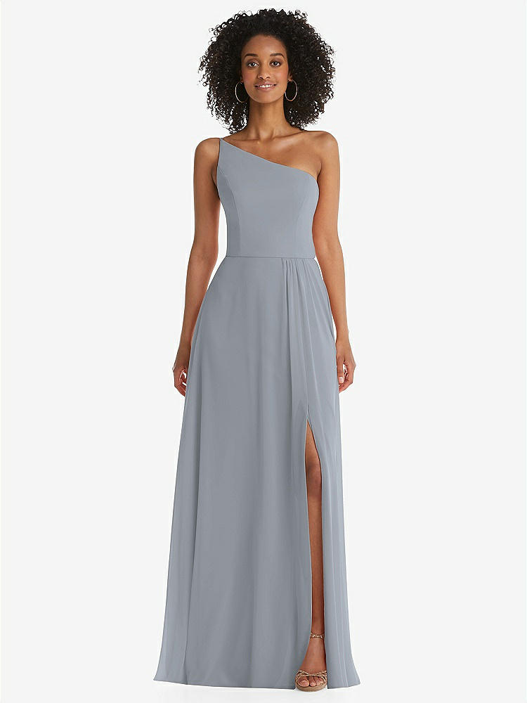 【STYLE: 1555】One-Shoulder Chiffon Maxi Dress with Shirred Front Slit【COLOR: Platinum】