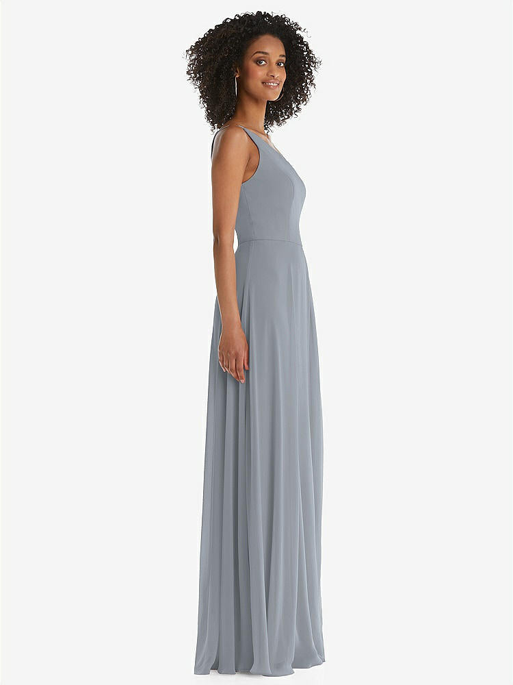 【STYLE: 1555】One-Shoulder Chiffon Maxi Dress with Shirred Front Slit【COLOR: Platinum】