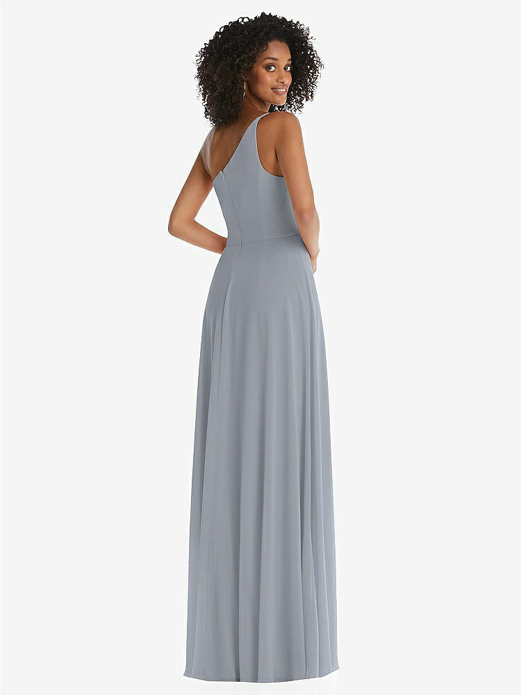 【STYLE: 1555】One-Shoulder Chiffon Maxi Dress with Shirred Front Slit【COLOR: Platinum】