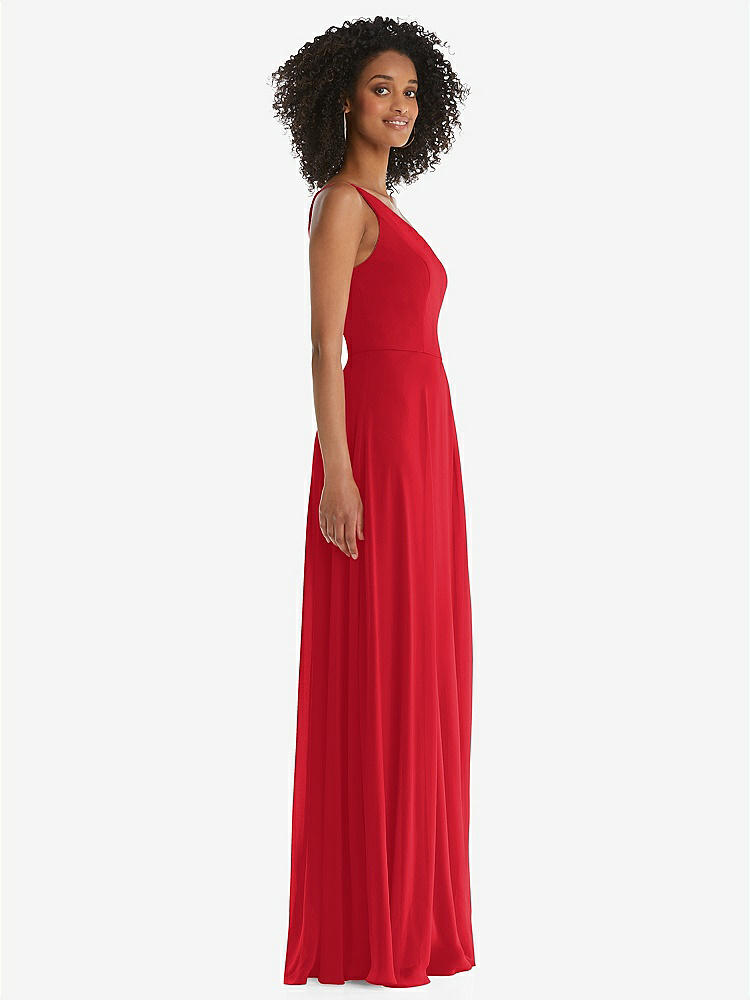 【STYLE: 1555】One-Shoulder Chiffon Maxi Dress with Shirred Front Slit【COLOR: Parisian Red】
