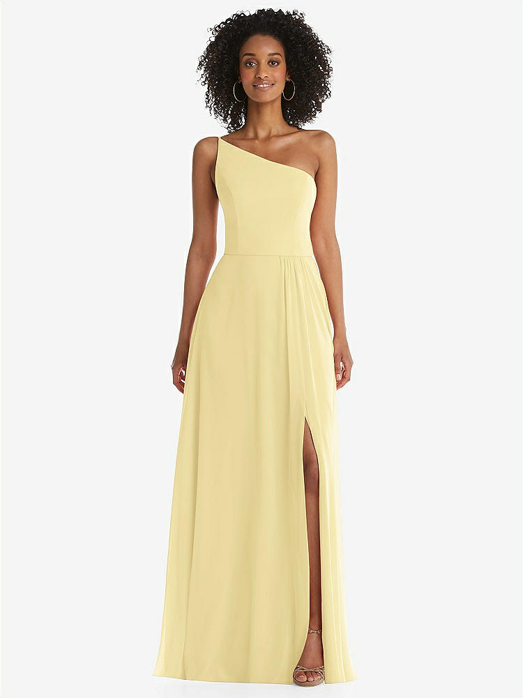 【STYLE: 1555】One-Shoulder Chiffon Maxi Dress with Shirred Front Slit【COLOR: Pale Yellow】