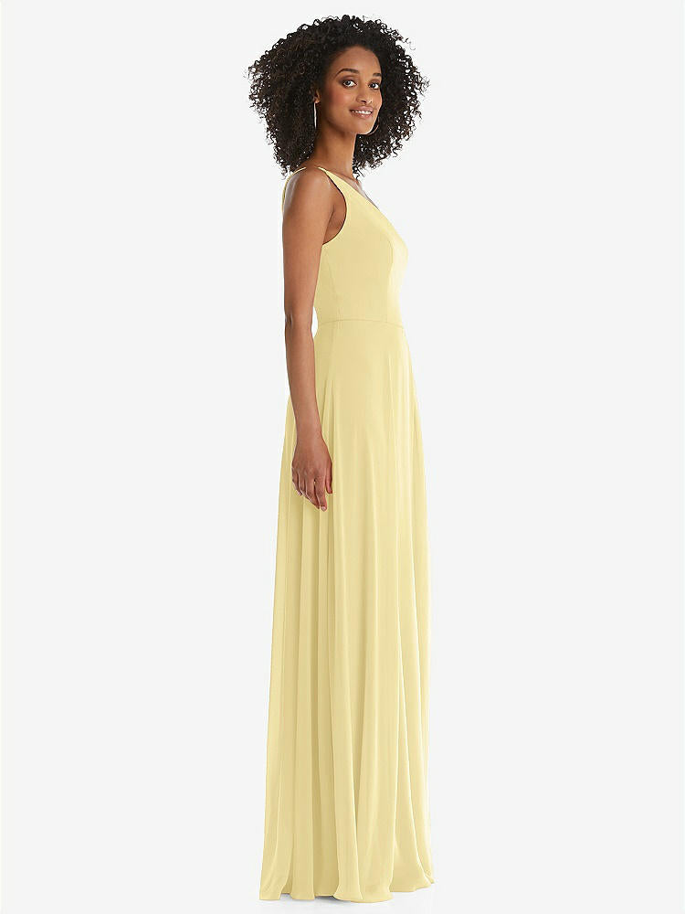 【STYLE: 1555】One-Shoulder Chiffon Maxi Dress with Shirred Front Slit【COLOR: Pale Yellow】