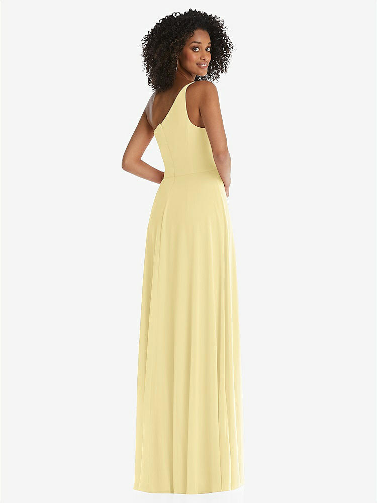 【STYLE: 1555】One-Shoulder Chiffon Maxi Dress with Shirred Front Slit【COLOR: Pale Yellow】