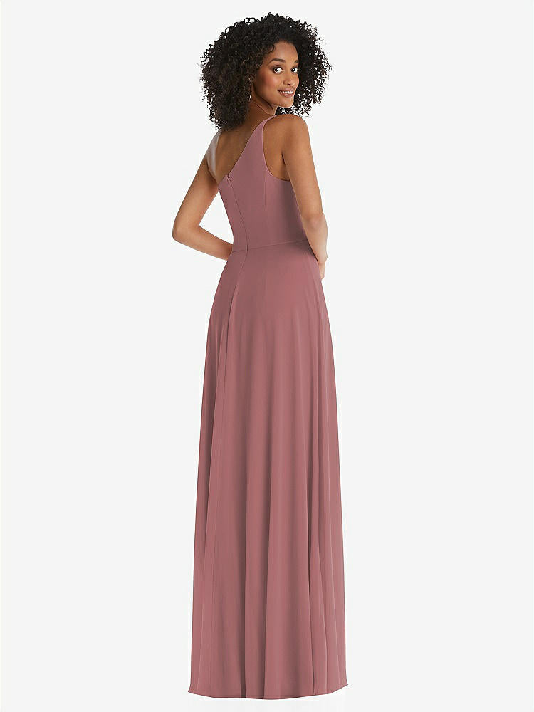 【STYLE: 1555】One-Shoulder Chiffon Maxi Dress with Shirred Front Slit【COLOR: Rosewood】