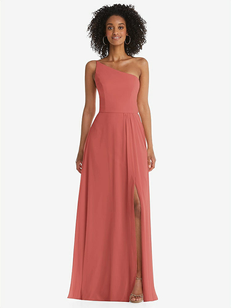 【STYLE: 1555】One-Shoulder Chiffon Maxi Dress with Shirred Front Slit【COLOR: Coral Pink】