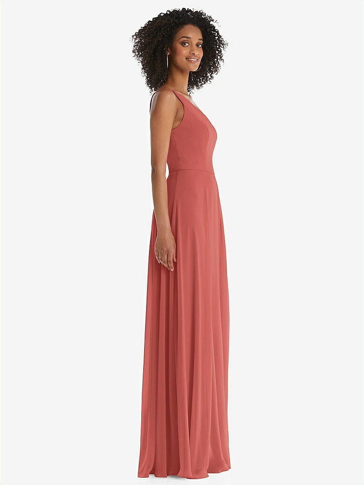 【STYLE: 1555】One-Shoulder Chiffon Maxi Dress with Shirred Front Slit【COLOR: Coral Pink】