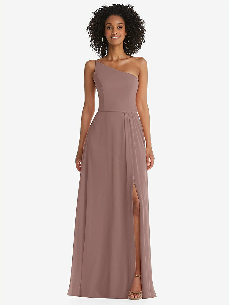 【STYLE: 1555】One-Shoulder Chiffon Maxi Dress with Shirred Front Slit【COLOR: Sienna】