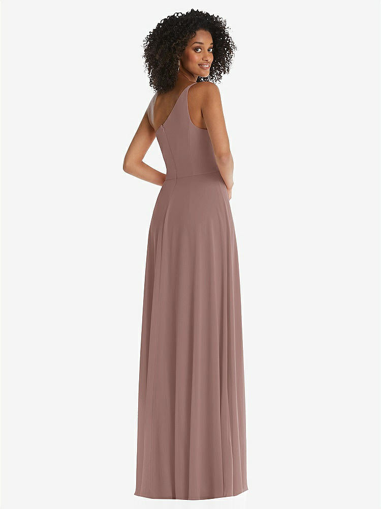 【STYLE: 1555】One-Shoulder Chiffon Maxi Dress with Shirred Front Slit【COLOR: Sienna】