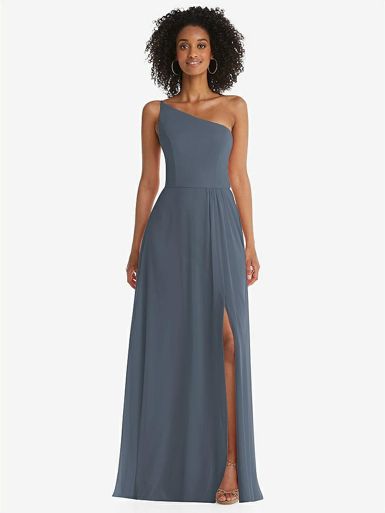 【STYLE: 1555】One-Shoulder Chiffon Maxi Dress with Shirred Front Slit【COLOR: Silverstone】