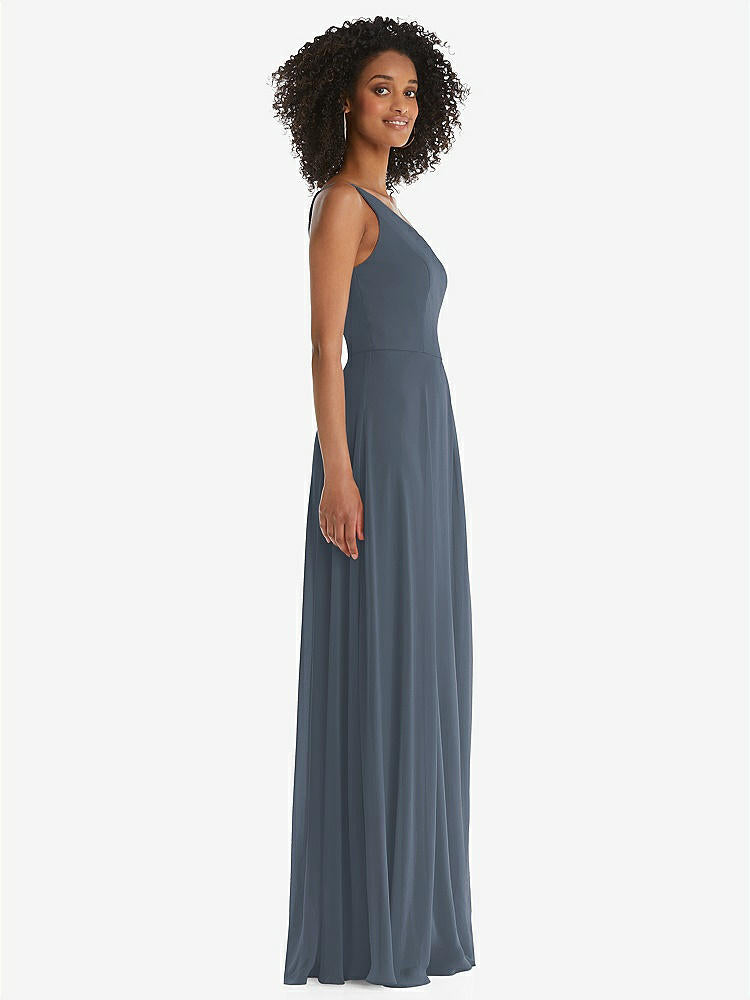 【STYLE: 1555】One-Shoulder Chiffon Maxi Dress with Shirred Front Slit【COLOR: Silverstone】