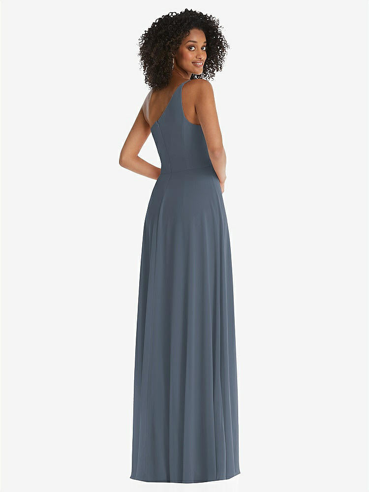 【STYLE: 1555】One-Shoulder Chiffon Maxi Dress with Shirred Front Slit【COLOR: Silverstone】
