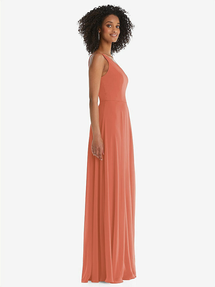 【STYLE: 1555】One-Shoulder Chiffon Maxi Dress with Shirred Front Slit【COLOR: Terracotta Copper】