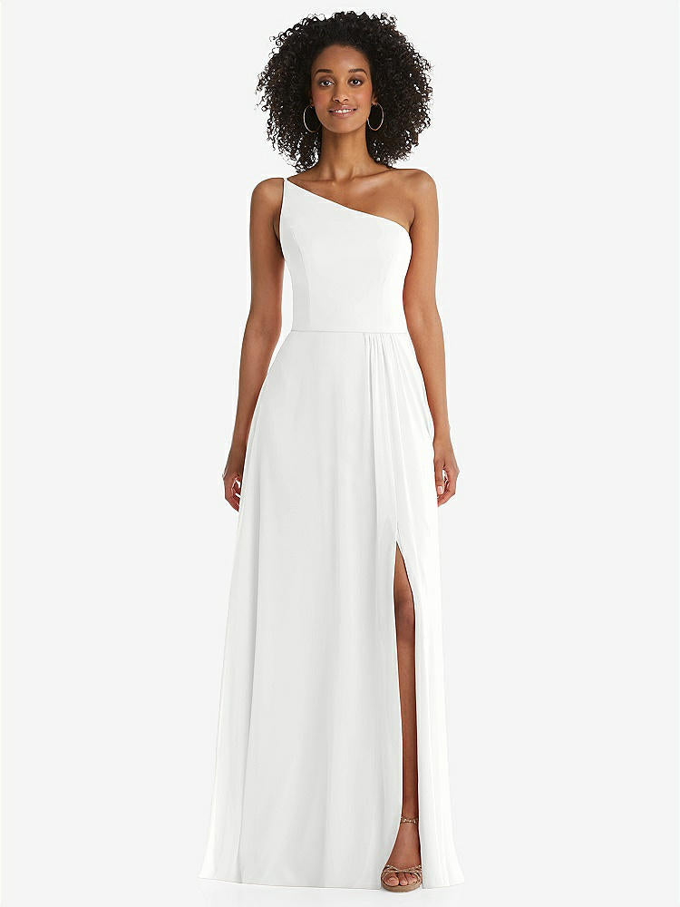 【STYLE: 1555】One-Shoulder Chiffon Maxi Dress with Shirred Front Slit【COLOR: White】