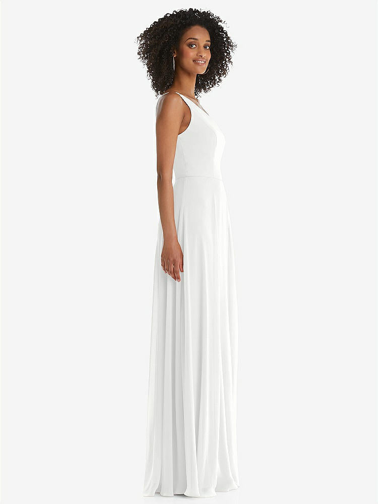 【STYLE: 1555】One-Shoulder Chiffon Maxi Dress with Shirred Front Slit【COLOR: White】