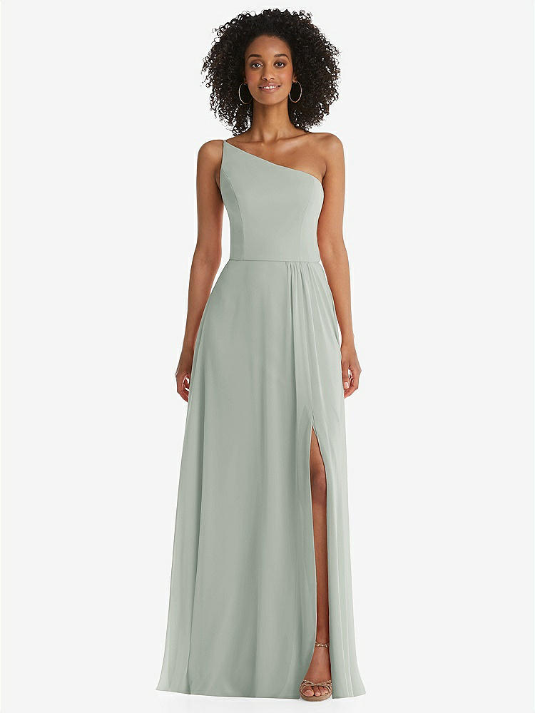 【STYLE: 1555】One-Shoulder Chiffon Maxi Dress with Shirred Front Slit【COLOR: Willow Green】