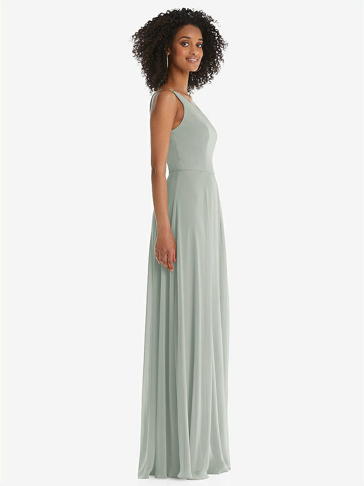 【STYLE: 1555】One-Shoulder Chiffon Maxi Dress with Shirred Front Slit【COLOR: Willow Green】
