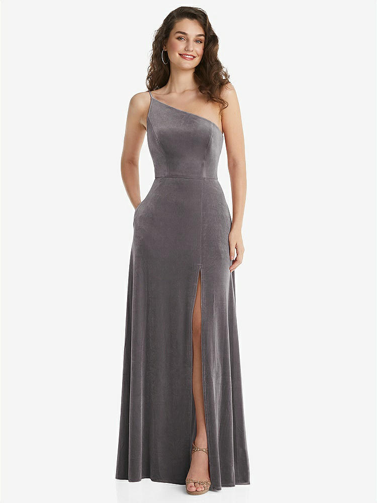 【STYLE: 1556】One-Shoulder Spaghetti Strap Velvet Maxi Dress with Pockets【COLOR: Caviar Gray】