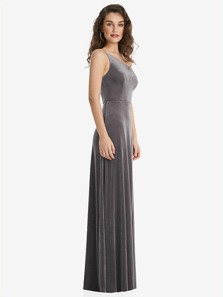【STYLE: 1556】One-Shoulder Spaghetti Strap Velvet Maxi Dress with Pockets【COLOR: Caviar Gray】