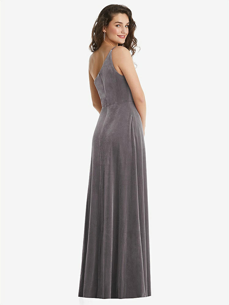 【STYLE: 1556】One-Shoulder Spaghetti Strap Velvet Maxi Dress with Pockets【COLOR: Caviar Gray】