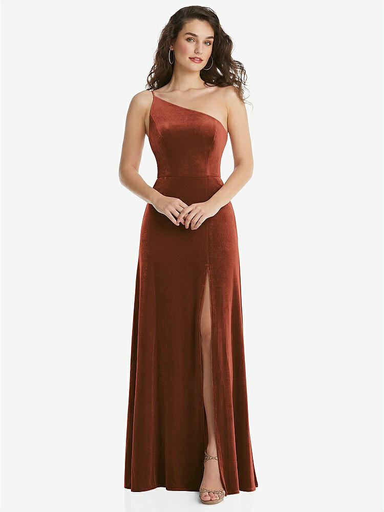 【STYLE: 1556】One-Shoulder Spaghetti Strap Velvet Maxi Dress with Pockets【COLOR: Auburn Moon】