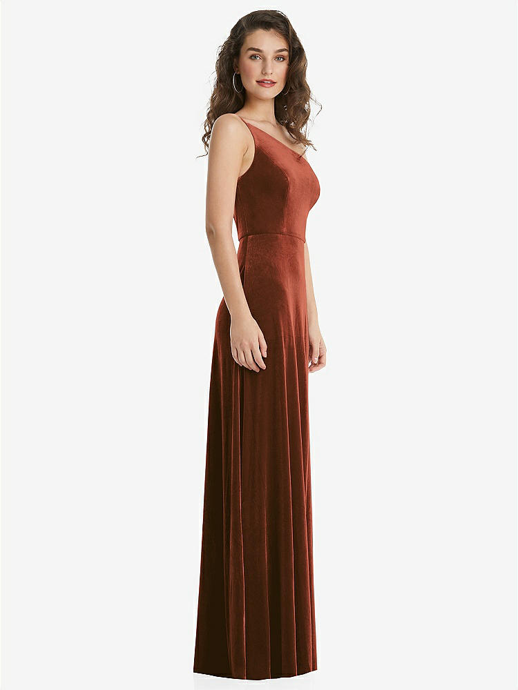 【STYLE: 1556】One-Shoulder Spaghetti Strap Velvet Maxi Dress with Pockets【COLOR: Auburn Moon】