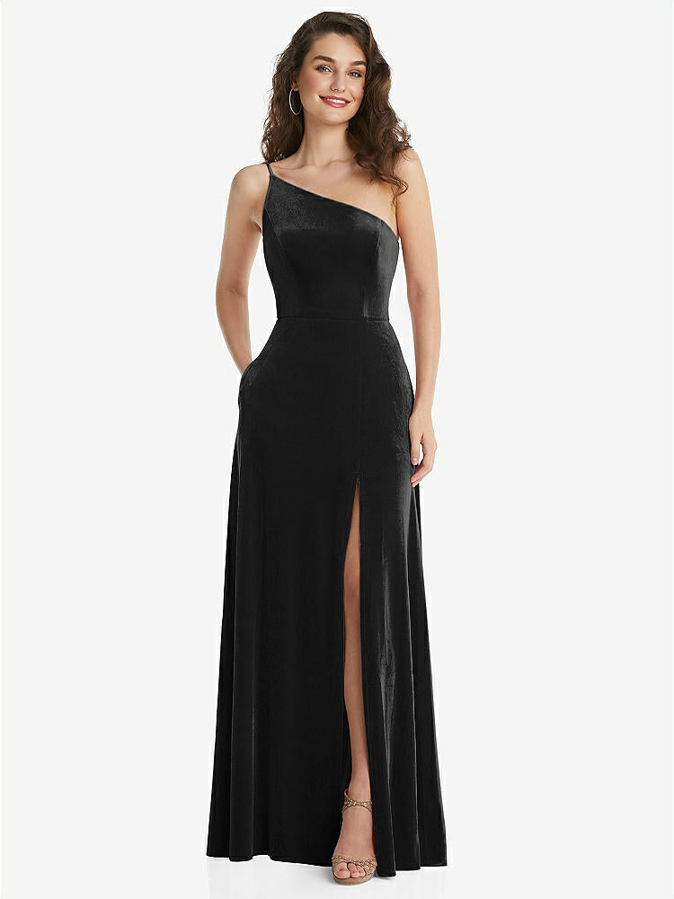 【STYLE: 1556】One-Shoulder Spaghetti Strap Velvet Maxi Dress with Pockets【COLOR: Black】
