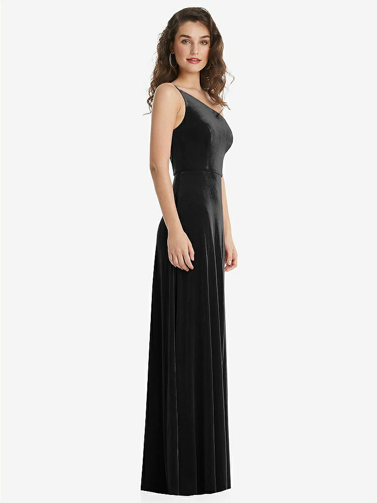 【STYLE: 1556】One-Shoulder Spaghetti Strap Velvet Maxi Dress with Pockets【COLOR: Black】