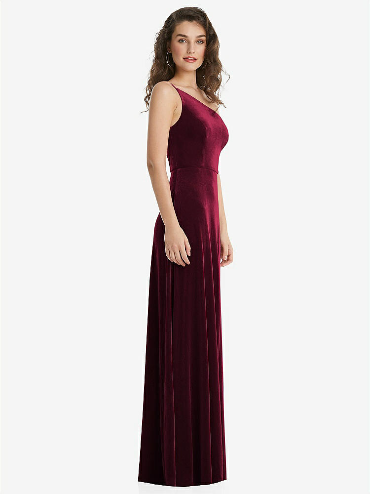 【STYLE: 1556】One-Shoulder Spaghetti Strap Velvet Maxi Dress with Pockets【COLOR: Cabernet】