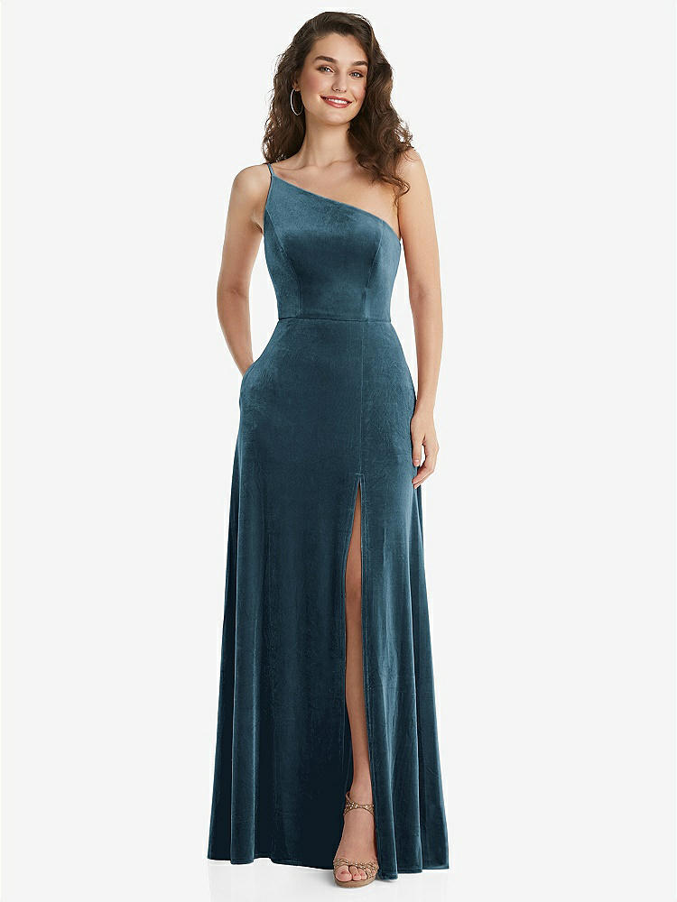 【NEW】【STYLE: 1556】ワンショルダー スパゲッティ ストラップ ベルベット マキシ ドレス ポケット付き【COLOR: Dutch Blue】【SIZE: 00-30W】