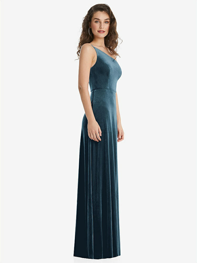 【NEW】【STYLE: 1556】ワンショルダー スパゲッティ ストラップ ベルベット マキシ ドレス ポケット付き【COLOR: Dutch Blue】【SIZE: 00-30W】