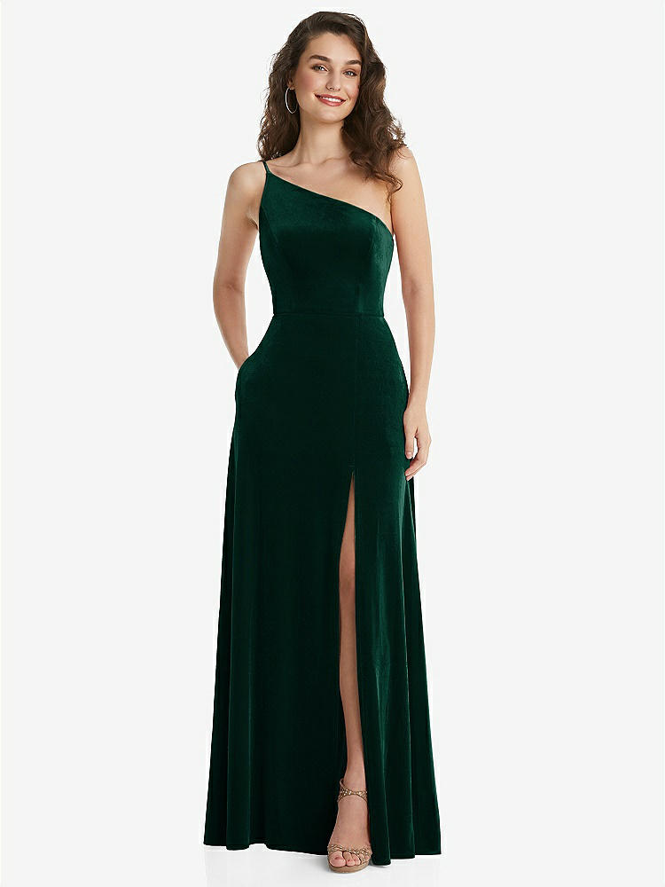 【STYLE: 1556】One-Shoulder Spaghetti Strap Velvet Maxi Dress with Pockets【COLOR: Evergreen】