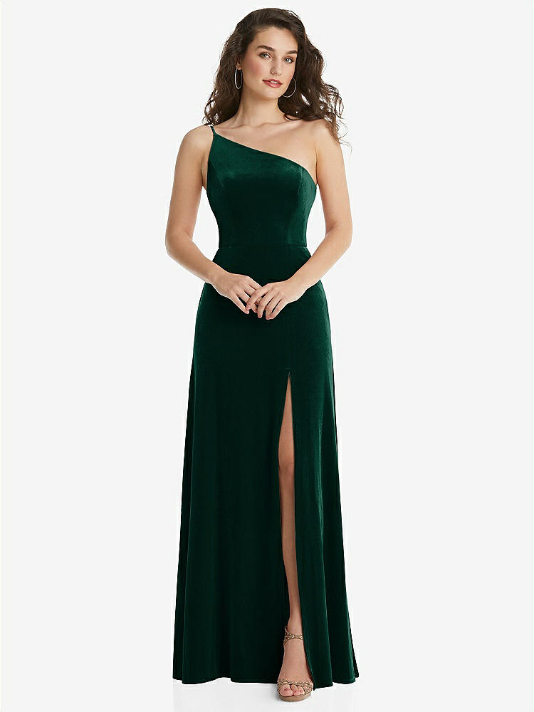 【STYLE: 1556】One-Shoulder Spaghetti Strap Velvet Maxi Dress with Pockets【COLOR: Evergreen】