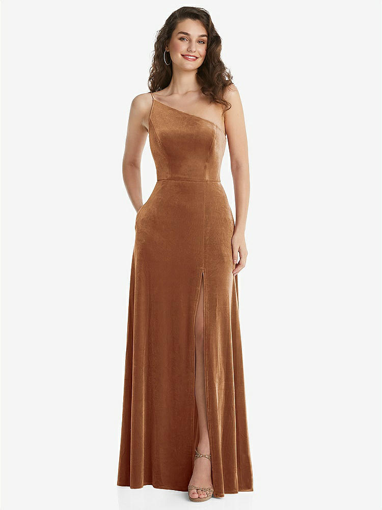 【STYLE: 1556】One-Shoulder Spaghetti Strap Velvet Maxi Dress with Pockets【COLOR: Golden Almond】